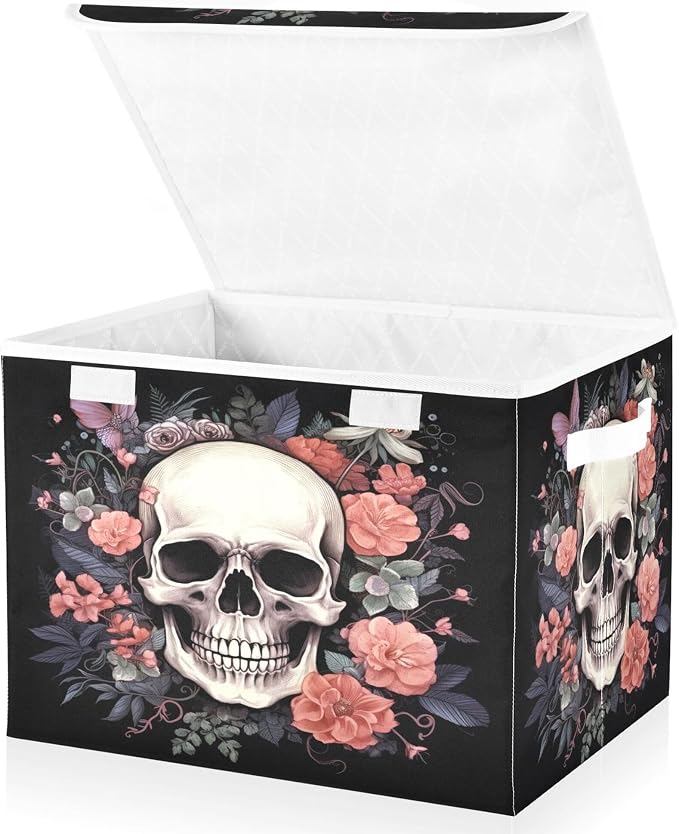 Skull Storage Bins with Lids and Carrying Handle,Foldable Storage Boxes Organizer Containers Baskets Cube with Cover for Home Bedroom Closet Office