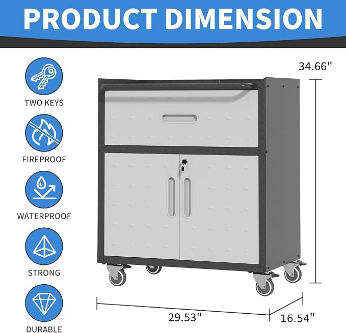 Metal Storage Cabinet for Garage, Tool Cabinet, Utility Cabinet | Wheeled, Rolling Tool Cabinet, Lockable, 2 Doors,1 Drawer, Top Countertop, Assembly Required, Black & Grey
