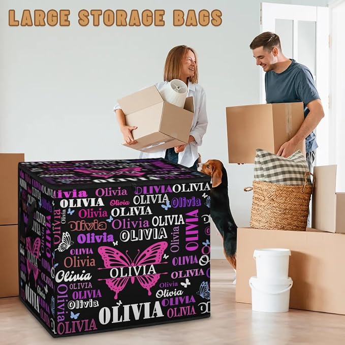Personalized Extra Large Storage Basket with Lid, Comforters, Bedding Toys Black with Pink Purple Butterflies Storage Bin for Home, Collapsible Basket for Clothes, Moving, Car Trunk