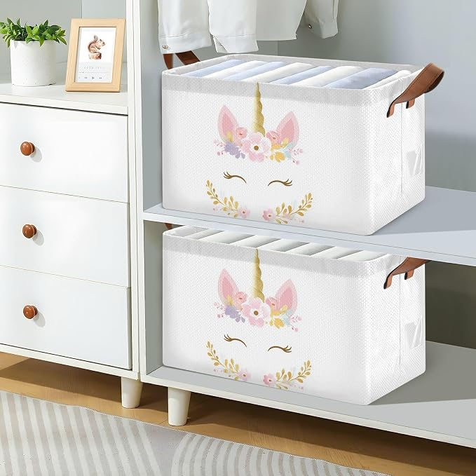Pink and Gold Cute Unicorn Storage Basket Foldable Cube Storage Bins with Handles&Label Waterproof Collapsible Organizer Box Bin Large Rectangle Decorative Baskets for Shelves Home Room Laundry