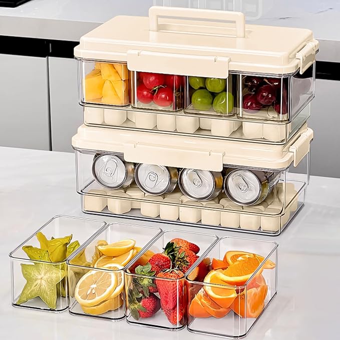 2Pack Ice Chilled Condiment Caddy with 4 Removable Containers Taco Ingredient Server with Lid Cooled Garnish Caddy Tray for Taco Mimosa Bar Sauce Fruits&Veggies Beige
