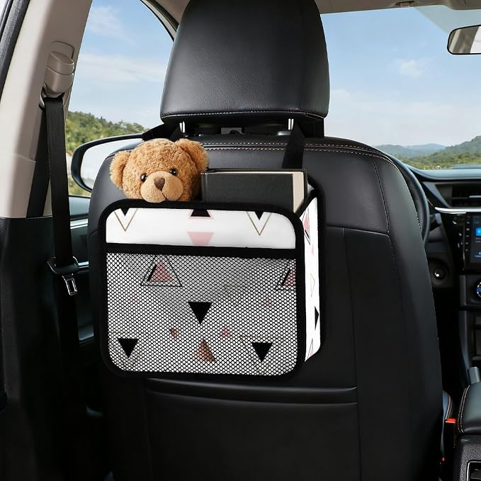 Car Seat Back Organizer Pu Leather Vehicle Backseat Storage Box, Geometric | Triangles Rose Gold White, Auto Hanging Pouch with Adjustable Strap PU Leather Trash Bags Travel Accessories