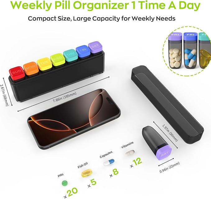 HIONXMGA Weekly Pill Organizer, Detachable 7-Color Pill Box, Easy to Use | Portable Travel Pill Case Container for Daily Medication Easy Track, Privacy Protection, Built-in Quick Fill Design, Black