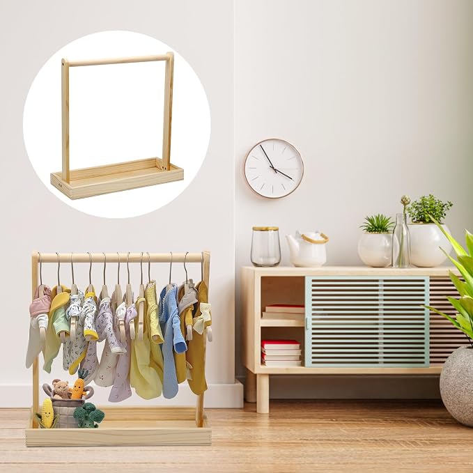 Wooden Baby Clothing Rack for Toddler, Baby Shower Crate Closet, Baby Storage Crate with Hangers, Pets Clothes Rack with Storage Box & Hanging Rod for Dogs Cats, Newborn Gifts Basket for Boys Girls