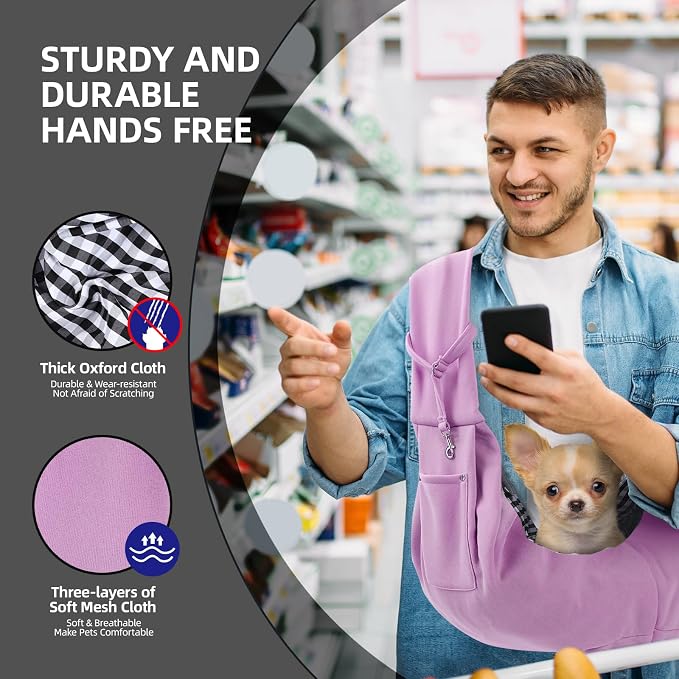 ARZQUT Dog and Cats Carrier Sling, Small Pet Carrier with Storage Pocket | Reversible Puppy Sling Carrier, Safety Buckle, Storage bag, Machine Washable for Travel, Outdoor Activitie, Hand-Free,Purple