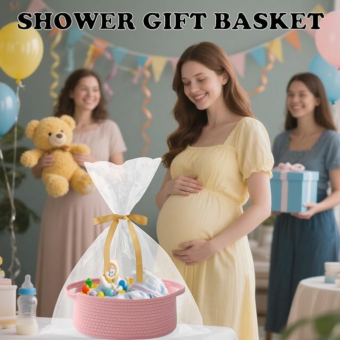 Pink Woven Rope Basket - Baby Gift Basket with Bag & Ribbon | Cotton rope with handle, 12x8x5 in, gift bag and ribbon, for baby shower, birthday, toy storage, nursery, shelf decor
