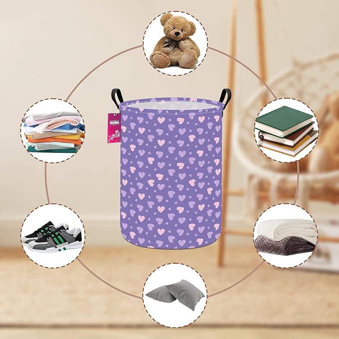 Purple heart Fabric Storage Bin Nursery Organizer Basket | Organizer Bin Dirty Clothes Collapsible Waterproof for College Dorms, Boys and Girls Bedroom,Bathroom