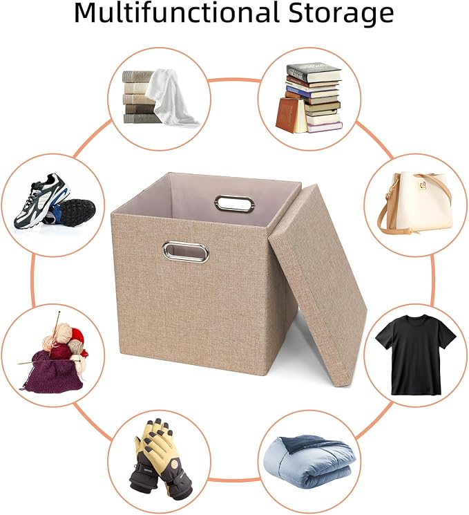 Storage Bins with Lids, Linen Fabric Boxes Organizer Containers with Lid Foldable Storage Box Basket for Closet, Shelves, Home, Office, 12 x 12 x 12 Inch, 4 Pack, Khaki, AG3006-7