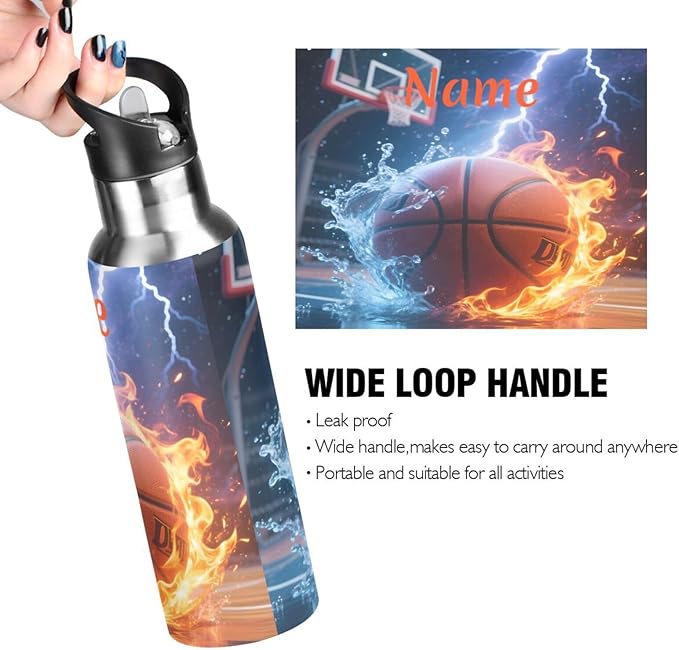 Custom Name Basketball Fire Lightning Water Bottle with Straw Lid Kids Insulated Stainless Steel Water Flask Sports, 20 Oz Hot Cold