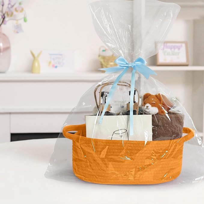 Orange Woven Basket, 13" x 9" x 5" Baskets for Gifts Empty, Cute Cotton Rope Cat Dog Toy Bin Box, Small Woven Bin for Shelves, Orange Room Decor, Nursery Baby Cloth Diaper Storage Organizer