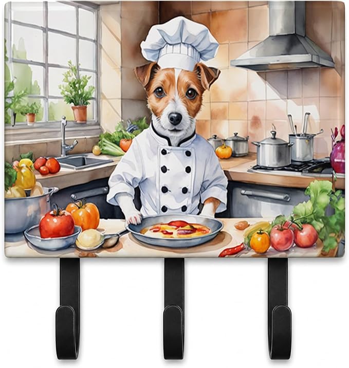 Caroline's Treasures Jack Russell Terrier The Chef Leash or Key Holder Wall Hooks, Key Hooks Holder, Coat Rack Wall Mount, Coat Hooks, Hooks for Hanging Keys, Towels, Aprons, Leashes | Jack Russell Terrier The Chef artwork on ceramic tile with three st...