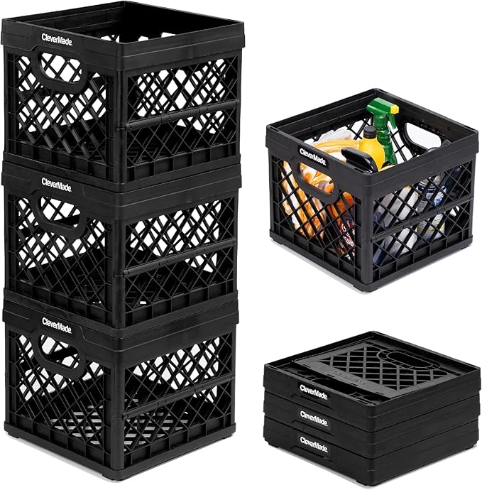 CleverMade Collapsible Milk Crates, 25L, 3 Pack, Holds 50 lb, Obsidian | Organize Files, Groceries, and Gear in One Crate | Built-In Rails Hold Letter Folders, While the Frame Stacks Securely