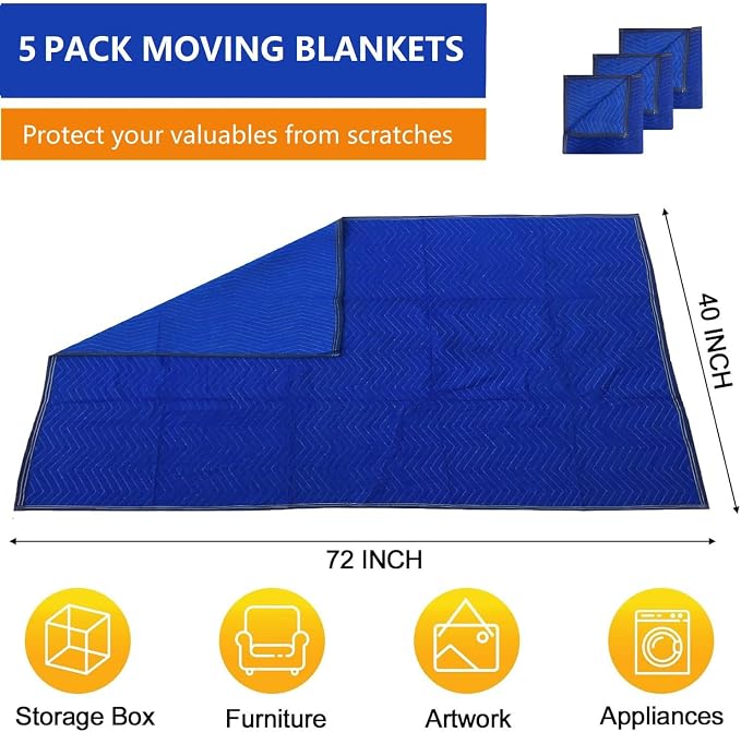5 Pack Moving Blankets 40x72in Heavy Duty Padded Packing Furniture Blankets for Moving Supplies Shipping Protecting Furniture