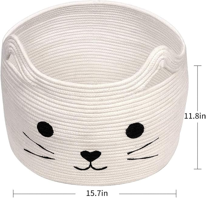 Large Woven Rope Cat Toy Basket with Cat Face Design, White | 15.7" x 11.8" Toy Bin & Box for Living Room Nursery, Baby Storage Basket for Towels, Blankets, with Sturdy Handles