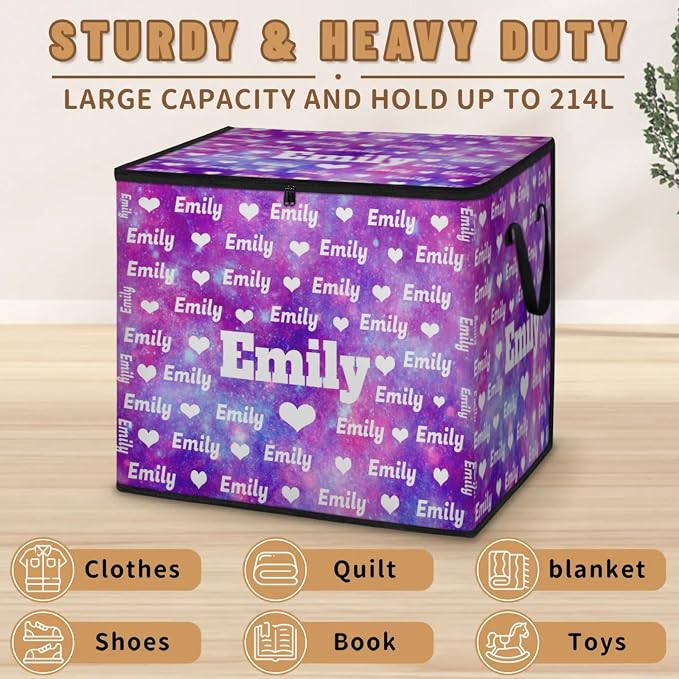 Custom Storage Baskets Cubes for Home with Name, Love Heart Large Foldable Organizer Collapsible Storage Bins for Home Blanket Comforters Clothes Closet Nursery, Watercolor Purple Galaxy Background