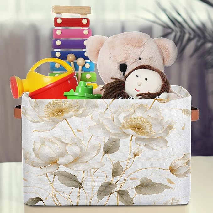 Rectangular Storage Basket White Flower Decorative Storage Bins Boxes Collapsible Cubes Organizer with PU Leather Handles for Home Organization