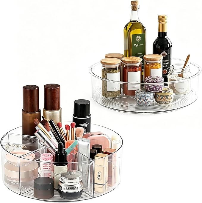 Lazy Susan Organizer 10in+12in 2Pcs Clear Rotating Tray 360° Turntable for Pantry Fridge Cabinet Kitchen Bathroom Storage，Spice Organization，Kitchen Condiment Organizer