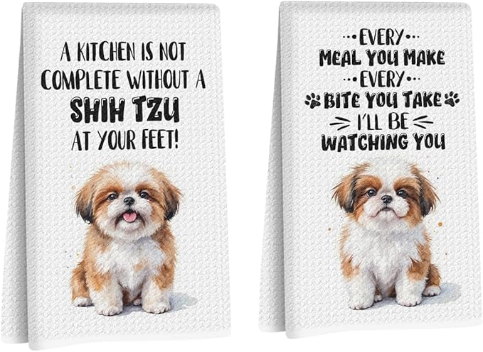 2 Pcs Funny Dog Kitchen Towels, Cute Shih Tzu Decorative Absorbent Microfiber Dish Cloth Tea Towel, Waffle Soft Hand Towels for Kitchen Home Bathroom Decor, Dog Lover Gifts