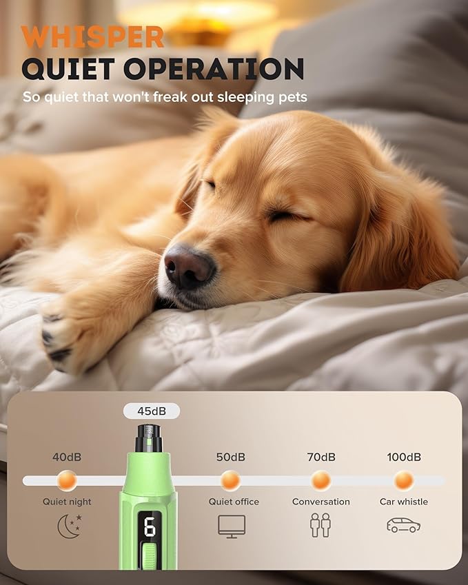 YABIFE 7-Speed Dog Nail Grinder with LED Light – Ultra Quiet Electric Pet Nail Trimmer for Large Dogs & Cats – Professional Grooming Tool with Dust Collector, One-Hand Speed Control (Light Green)