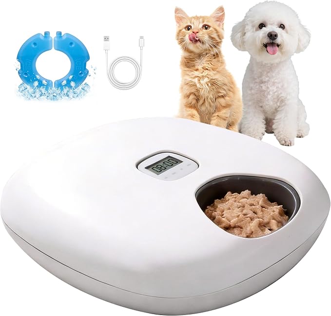 PetPrime 6-Meal Automatic Cat Feeder with Two Ice Packs,Cordless Rechargeable Cat Food Dispenser for Cats and Small Dogs Wet Food Auto Pet Feeder White