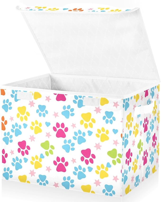 Storage Bins with Lid Bright Paw Print Foldable Storage Boxes 40L Baskets | Decorative Storage Boxes, Dust-Proof Flip Top, Reinforced Handles, For Home & Bedroom, Clothes & Toy Box, Oxford Fabric Print
