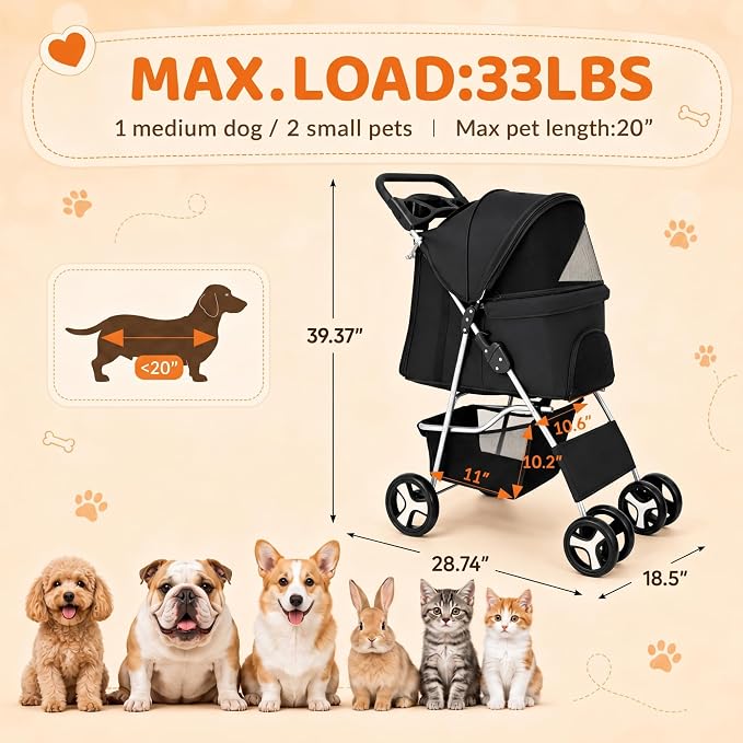 ZENY Foldable Pet Stroller, Cat/Dog Stroller with 4 Wheels | Pet Travel Carrier Strolling Cart with Storage Basket, Cup Holder, Black