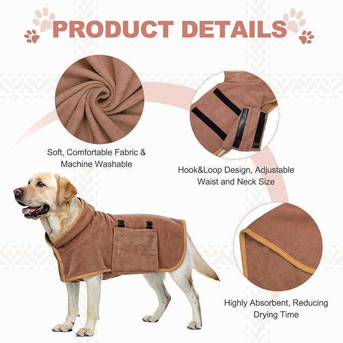 Dog Drying Coat, Dog Robes for After Bath Bathrobe Super Absorbent Towel Soft Adjustable, (XL, Brown), Intended for Fast Drying Warm Keeping Pet Cats Kitten Puppies