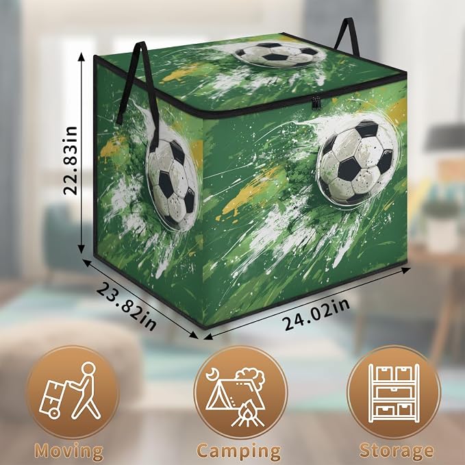 Soccer Large Storage Bags, Fabric Bed Storage Containers, Foldable Closet Organizers for Blanket, Clothing, Comforter, Bedding, Sports Theme