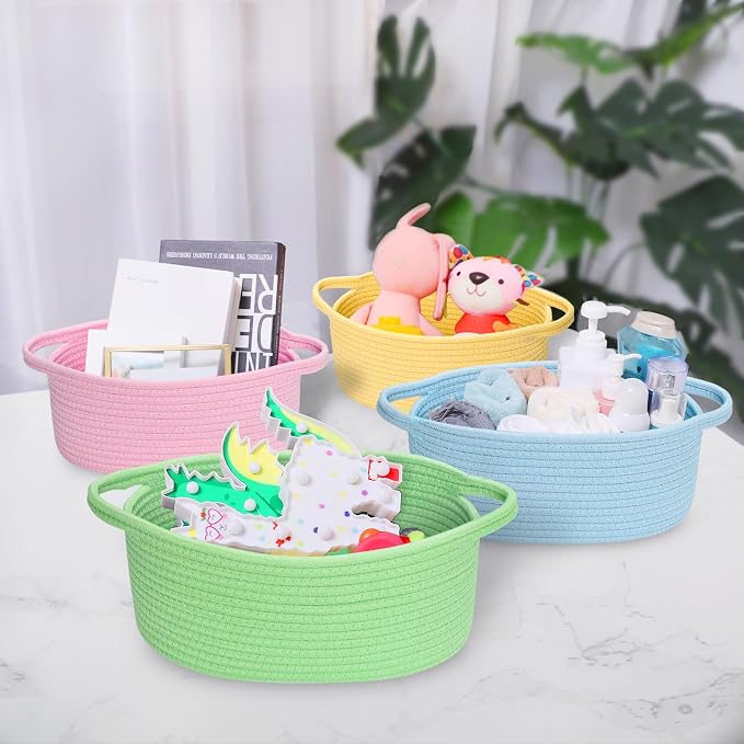 ABenkle Small Basket with Handles, Boho Decorative Rope Woven Dog Cat Toy Storage Bin Shelf Storage Organizer, Easter Christmas Gift Basket, 12"x8"x5"