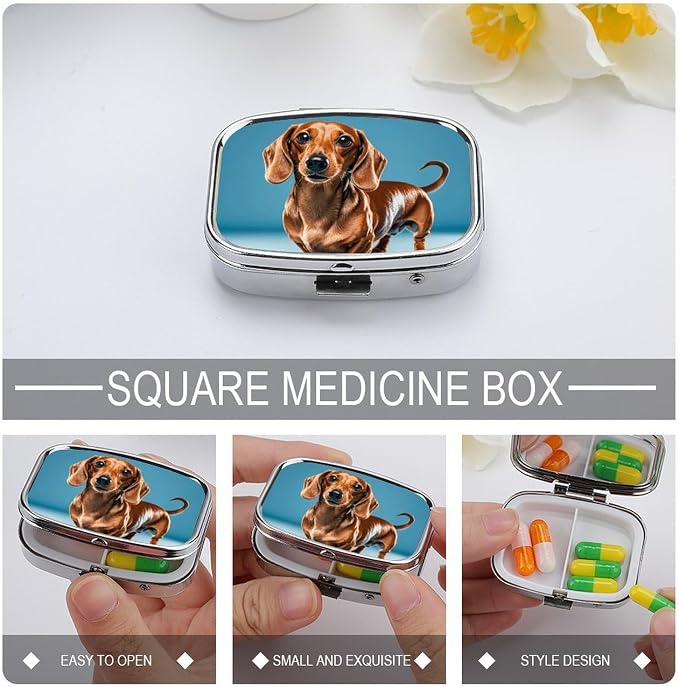 Dachshund Weiner Pet Dog Pill Box Travel Pill Organizer 2-Compartment with Mirror Design Portable Square Medicine Case for Vitamins, Jewelry & Essentials Durable Pocket Pillcase for Purse, Camping