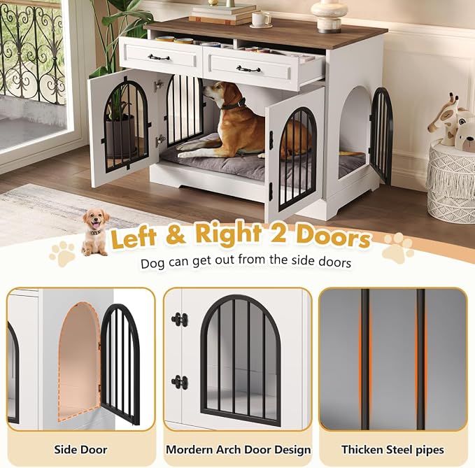 43.3" Dog Crate Furniture, Heavy Duty Indoor Dog Kennel with 2 Storage Drawers, Dog Cage with Side Doors for Medium Large Dogs, End Table Dog Crate, White and Brown