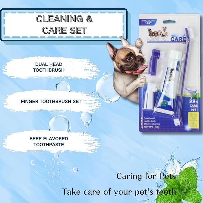 Rnlrclrl Dog Toothpaste and Toothbrush Set Dog Dental Care Fresh Breath Kit,Dual Ended Toothbrush,2 Pack Finger Toothbrushs