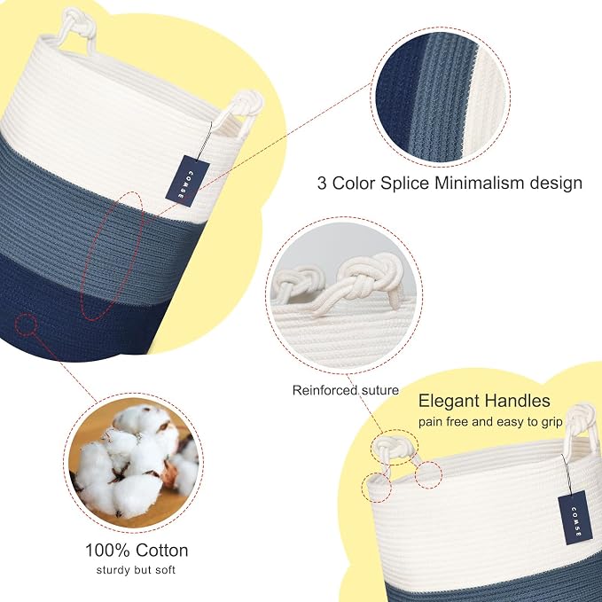 COMSE Tall Woven Blanket & Laundry Basket, 72L, White & Blue | 15.7”x 21.7”, Cotton Rope, Large Nursery Hamper for Storage of Toys Clothes Towels, Great for Living Rooms Bedrooms Bathrooms