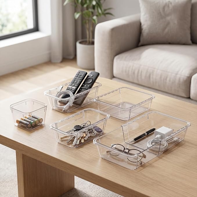 PrecisionAuto Expandable Drawer Organizer Set | Clear PET Plastic Desk Dividers for Office, Kitchen, Bathroom, and Vanity, Adjustable, Multi-Size Storage Bins Space-Saving