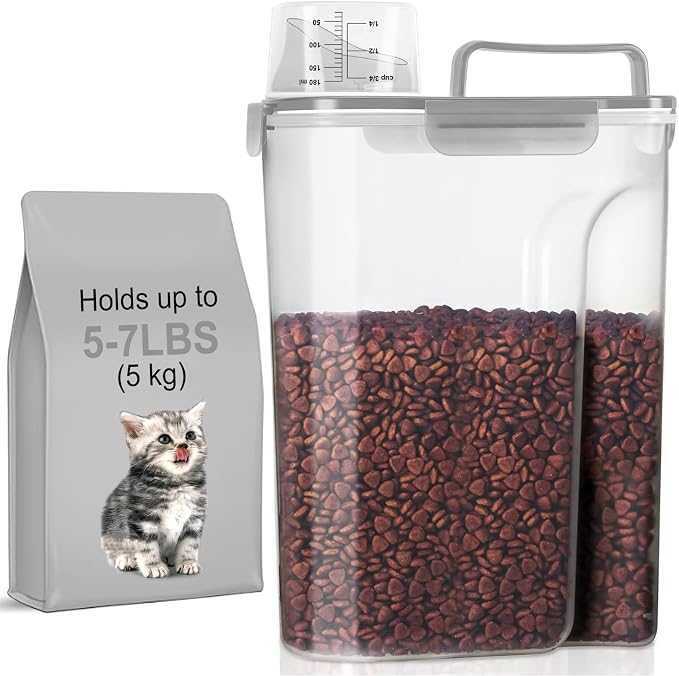 LEAWALK 5-7Lbs/6Qt Dog Cat Storage Container Portable with Upgraded Large Spout and Cup, Plastic Pet Food Dispenser for Small Animal Kibble, Bird Seed, Oatmeal, Rice, Flour, Brown Sugart- Clear Gray