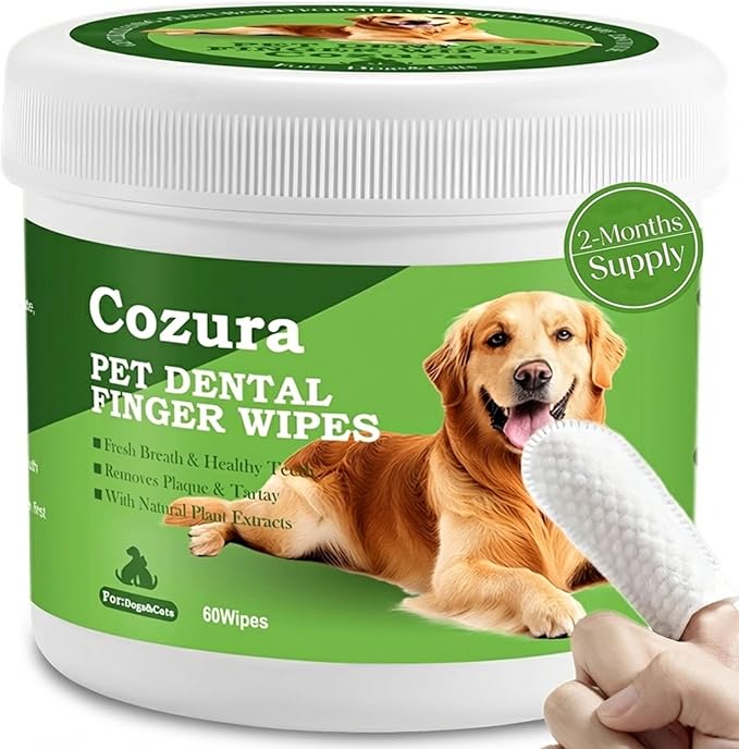 Dog Dental Wipes for Teeth Cleaning - Removes Plaque & Tartar, Effective Toothbrush & Toothpaste Alternative Kit Finger Pet Dental Care Pads, Fresh Breath for Dogs & Cats - 60ct, Unscented