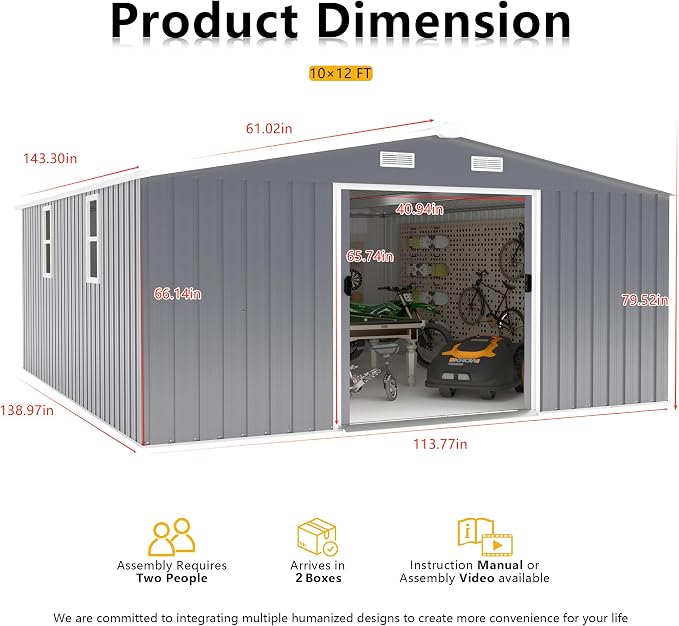 10x12 FT Outdoor Metal Storage Shed, Large Storage Shed with Two Daylight Windows, Outdoor Tool Shed with 0.23mm Color Steel Plate and Surface Protective Film, Dark Grey
