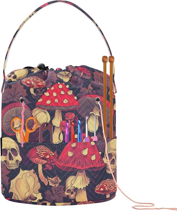 Fustylead Red Amanita Mushrooms Fall Leaves and Skulls Crochet Drawstring Organizer, Large Yarn Bag Storage Tote Basket for Crocheting On The Go, Kit Holder, Gift for Knitter, Crochet Beginner