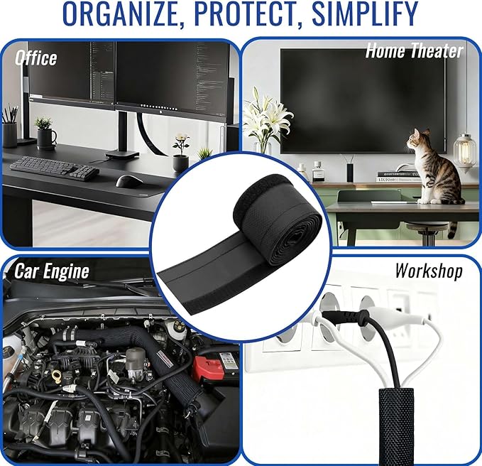 1/2" - 6.6 Ft Dog/Cat Cord Protector, Hook and Loop Cable Sleeve | Cable management sleeve; Reversible, flexible & cuttable; Split wire wrap for TV, USB, audio, computer and automotive; Black