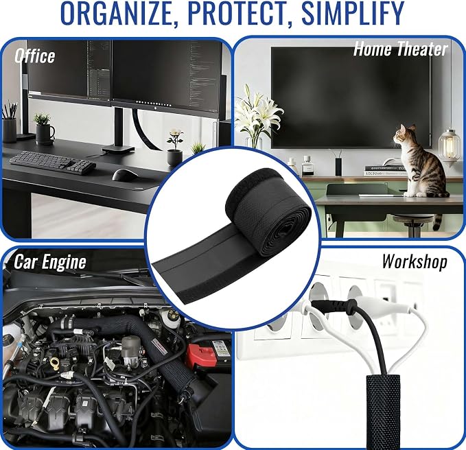 1.5" - 6.6 Ft Dog/Cat Cord Protector, Hook and Loop Cable Sleeve | Cable management sleeve; Reversible, flexible & cuttable; Split wire wrap for TV, USB, audio, computer and automotive; Black