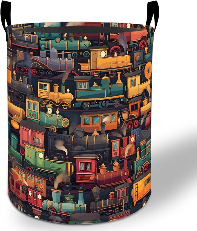 Train Laundry Basket Hamper 19.7"x15.8", Steam Train Foldable Waterproof Oxford Clothes Storage Bucket for Room Bathroom Bedroom Nursery Decor, Toy Organizer Bins Gifts for Kids Boys Girls