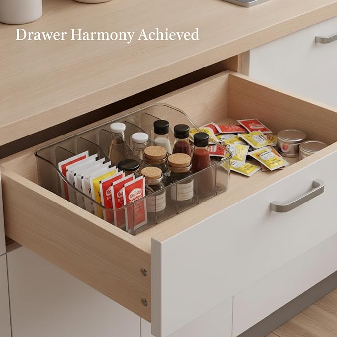 Condiment Organizer Box with Dividers, Clear PET Plastic Storage Caddy for Kitchen Drawers and Cabinets, 8.7 x 5.5 x 2.8 Inches (1 PC)