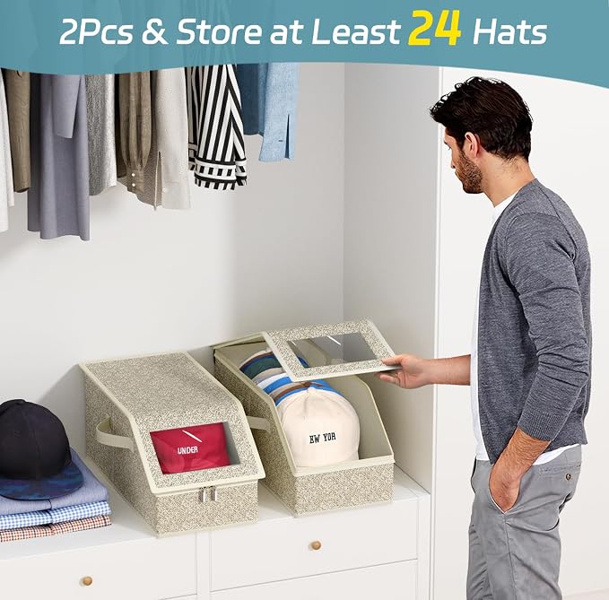 AOODA 2 PCS Stackable Hat Storage for Baseball Caps, Holds up to 24 Caps Hat Organizer for Closet, Sturdy Snapback Boxes for Men with Cardboard, Yellow
