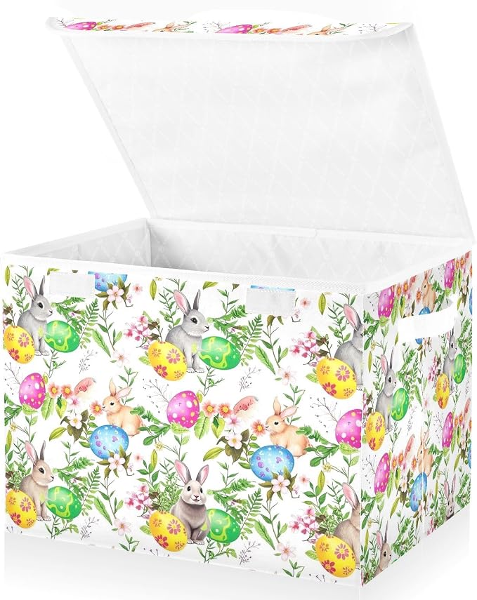 senya Easter Storage Baskets Collapsible Storage Bins with Lids, Easter Bunny Eggs in Grass Flowers Storage Boxes Clothes Baskets for Organizing