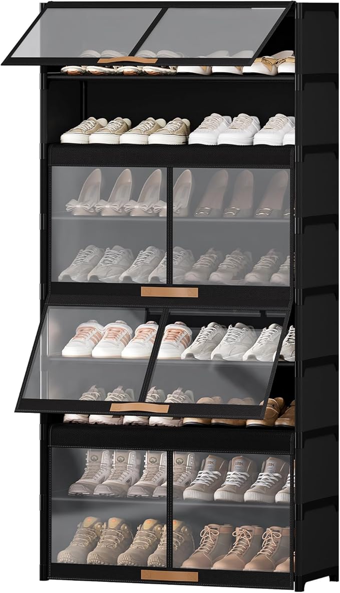 9 Tier Shoe Cabinet with Doors, 36-Pair Storage, Black | Max Capacity for Large Families, Transparent Doors for Fast Shoe Selection, Customize Layers for Boots Heels