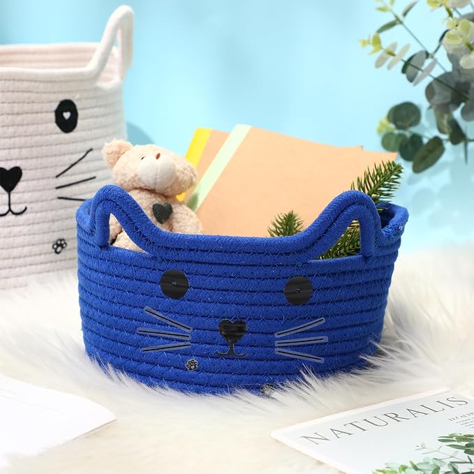 Zopeal Cat Storage Basket Woven Organizer with Ears Decorative Gift Cute Cotton Rope Pet Toy Basket for Gift Cat Dog Toy Bin Nursery Room(8.3 x 4.7 Inch,Royal Blue)