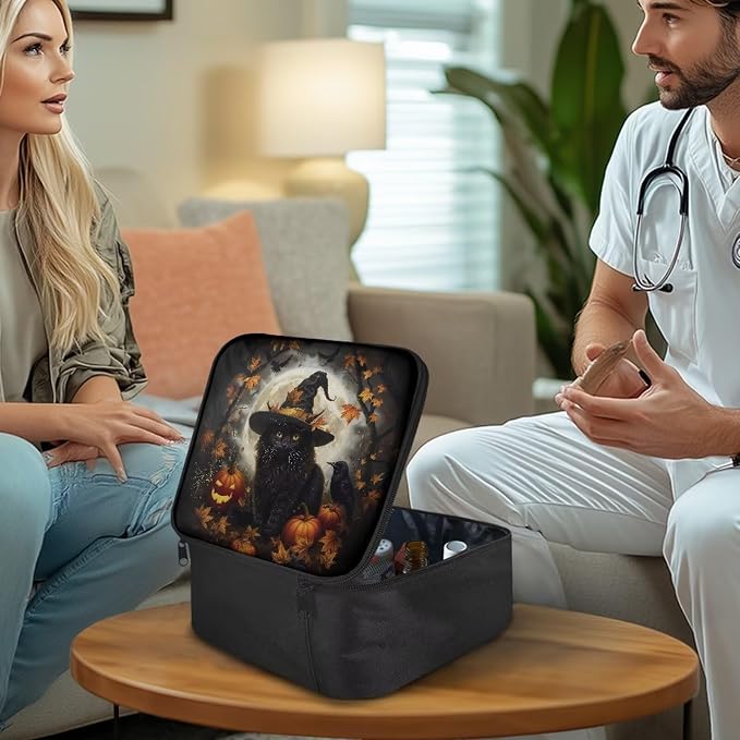 Halloween Witch Cat First Aid Case Empty Veterinary Medic Bag for Animal Clinics and Pet Owners Includes Secure Zipper Compartments