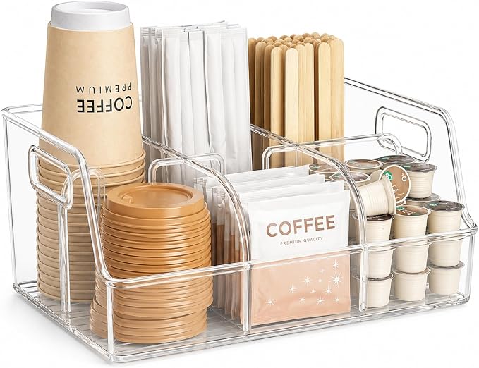 Coffee Station Organizer for Countertop, PET with Removable Dividers | Clear Plastic, Kitchen and Break Room Use, Coffee Caddy, Coffee Bar Accessories, Side Handles, Six Compartments, Easy View