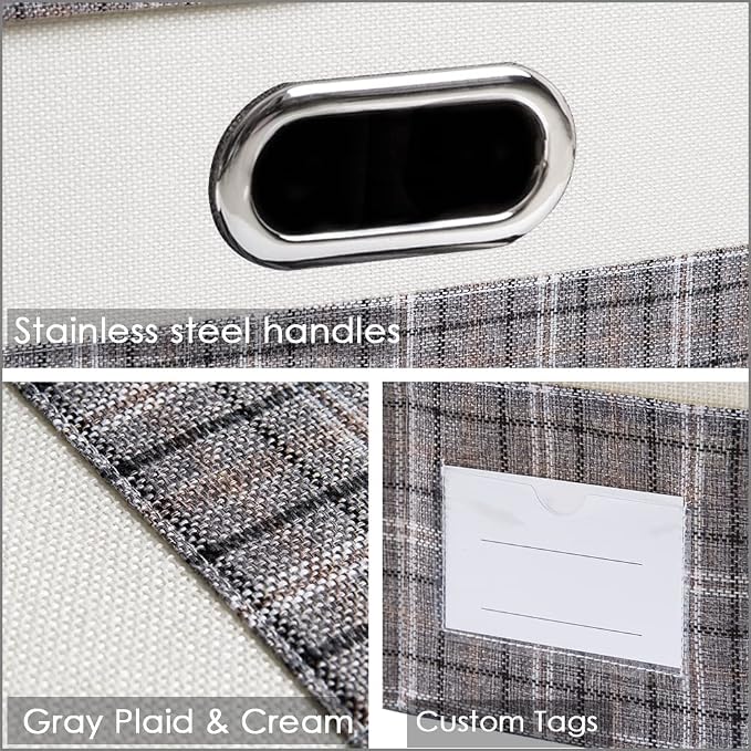 Collapsible Storage Bin with Lid [3-Pack] Fabric Foldable Storage Box Organizer Container Basket Cube with Cover for Home Bedroom Closet Office Nursery Gray plaid & Cream(14.9x9.8x9.8)