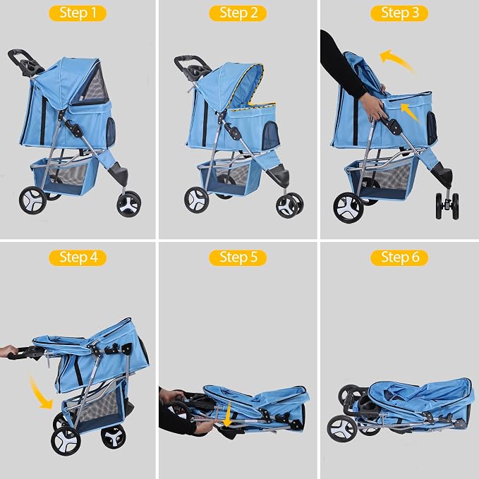3 Wheels Dog Stroller Folding Pet Strolling Cart for Small Medium Cats Puppies Portable Jogger Travel Camping Puppy Carrier with Storage Basket Cup Holder, Blue